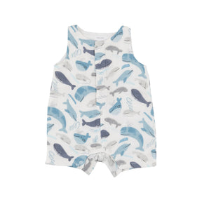 Angel Dear Blue Whales organic cotton muslin shortie romper for baby boys, image 1