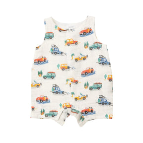 Angel Dear Off Road Adventure organic cotton muslin shortie romper for baby boys, image 1
