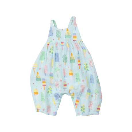 Angel Dear baby girls Fruit Dream Popsicles organic cotton muslin tie back romper in pastel blue.