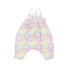 Angel Dear Gingham Daisy organic cotton muslin tie back romper for baby girls, image 1