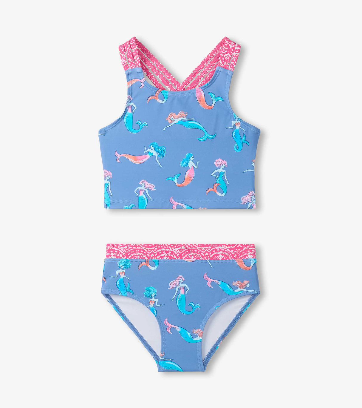 Hatley girls UPF50+ two-piece swimsuit in Periwinkle Blue with colorful mermaid print and matching bottoms.
