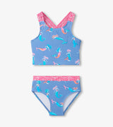 Hatley girls UPF50+ two-piece swimsuit in Periwinkle Blue with colorful mermaid print and matching bottoms.