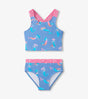 Hatley girls UPF50+ two-piece swimsuit in Periwinkle Blue with colorful mermaid print and matching bottoms.