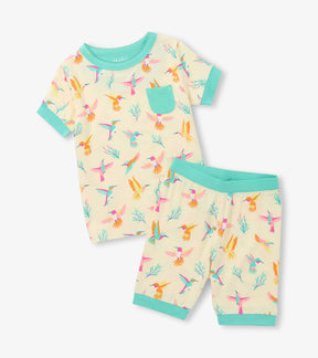 Hatley girls Springtime Hummingbirds short pajama set in cream with aqua trim and chest pocket