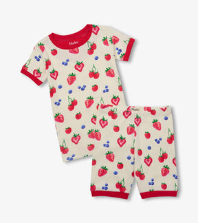 Hatley girls Summer Berries short pajama set in cream with red trim, front view