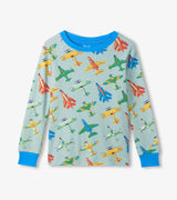 Front view of boys airplane-print pajama top with bright Blue neckline and sleeve cuffs.