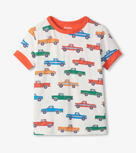 Front view of truck-print bamboo pajama top with bright Orange trim and short sleeves.