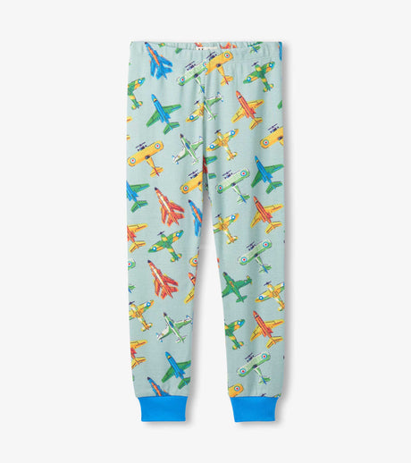 Matching cotton pajama pants with all-over aircraft print and Blue ankle cuffs.