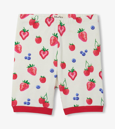 Matching girls pajama shorts with Summer Berries print and Red waistband trim.