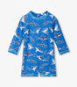 Hatley baby boy UPF50+ rashguard swimsuit in Blue with Patterned Sharks print and long sleeves.