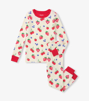 Hatley girls cream cotton pajama set with Summer Berries print, red trim and matching pants