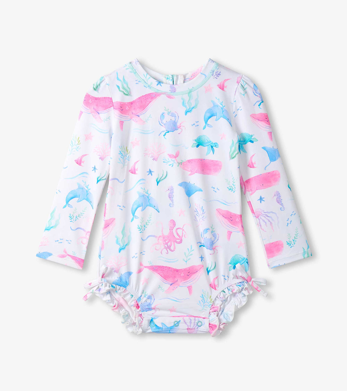 Hatley baby girl UPF50+ rashguard swimsuit with Painted Sealife print, long sleeves, and ruffled leg openings.