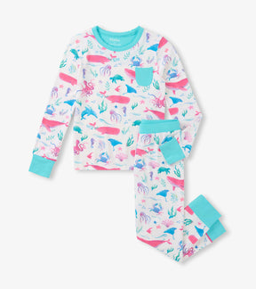 Hatley girls white bamboo pajama set with colourful Painted Sealife print, aqua trim and matching pants