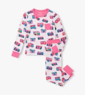Hatley girls white bamboo pajama set with pink and teal camera print, pink trim and matching pants