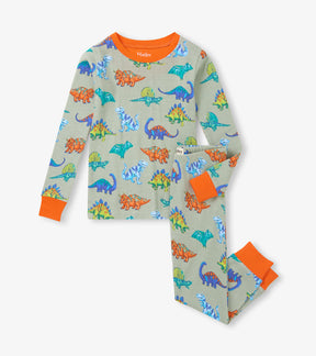 Hatley boys sage cotton pajama set with colourful Dino Party print, orange trim and matching pants