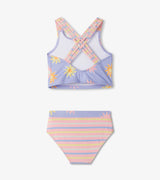 Back view of girls tankini swimsuit showing triple crisscross straps and coordinated stripe design.