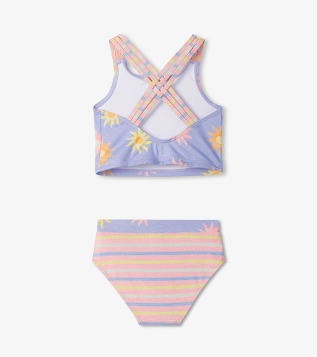 Back view of girls tankini swimsuit showing triple crisscross straps and coordinated stripe design.