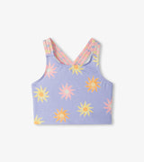 Front view of Lavender sunshine-print tankini top with bright yellow and orange sun details.