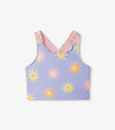 Front view of Lavender sunshine-print tankini top with bright yellow and orange sun details.
