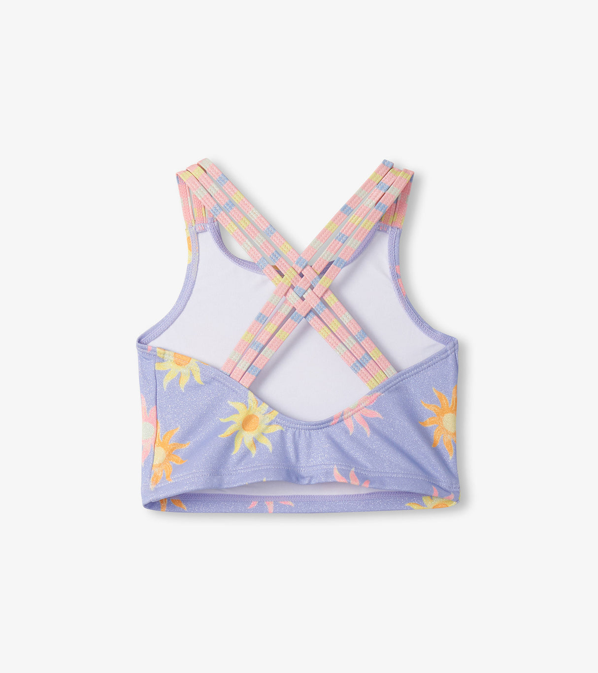 Back detail of Hatley girls two-piece swimsuit with colorful crossed straps and matching patterned accents.