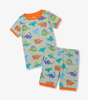 Hatley boys Dino Party short pajama set in sage green with colourful dinosaurs and orange trim