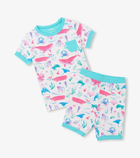 Hatley girls Painted Sealife short pajama set in white with colourful ocean creatures and aqua trim