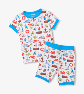 Hatley boys Painted Seascape short pajama set in white with nautical print and blue trim