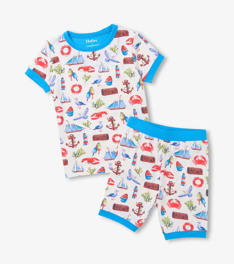 Hatley boys Painted Seascape bamboo short pajama set with blue trim and matching shorts.