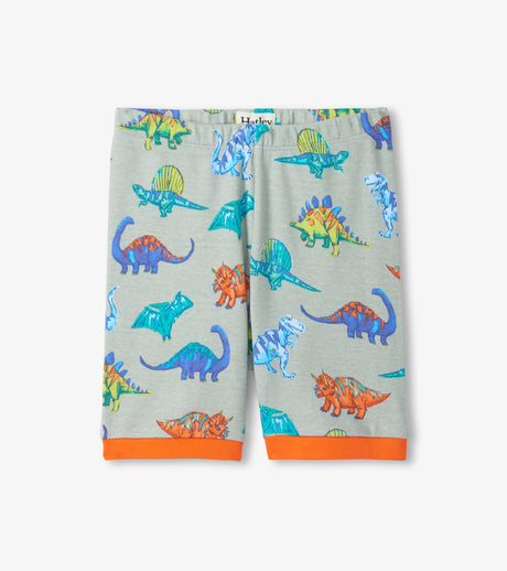 Hatley boys matching dinosaur pajama shorts with orange waistband, leg trim, and soft organic cotton feel.