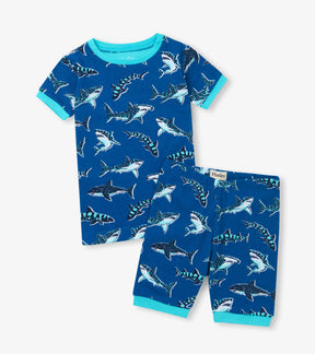 Hatley boys Patterned Sharks short pajama set in deep blue with aqua trim and matching shorts