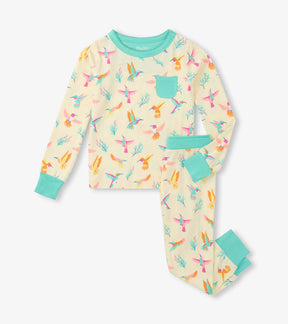 Hatley girls cream pajama set with colourful Springtime Hummingbirds, aqua trim and matching pants