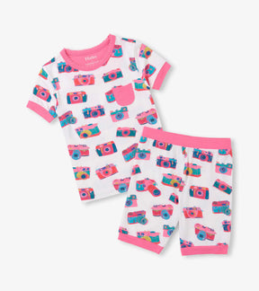Hatley girls Sketchy Cameras short pajama set in white with pink, coral and teal cameras