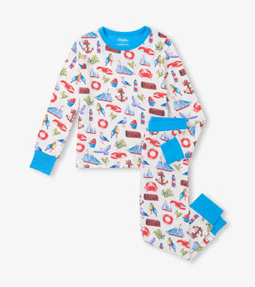Hatley boys white bamboo pajama set with Painted Seascape print, blue trim and matching pants