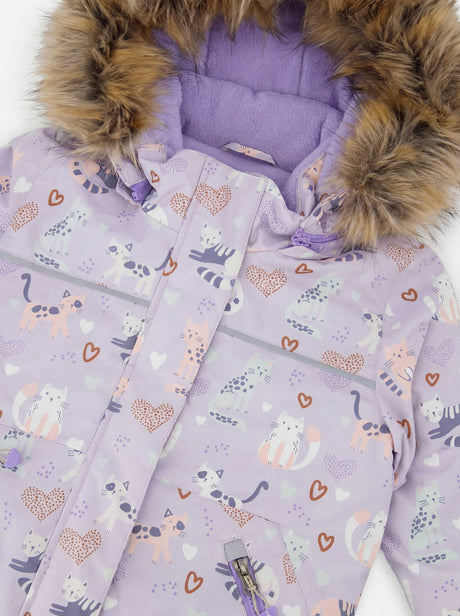 Deux par Deux purple printed cats DISCOVER snowsuit shown in a winter lookbook-style view