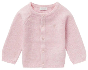 Front of Noppies Naga baby cardigan in Light Rose with buttons, textured knit and ribbed edges.