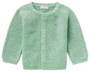 Front of Noppies Naga Grey Mint baby cardigan with matching buttons and a round ribbed neckline.
